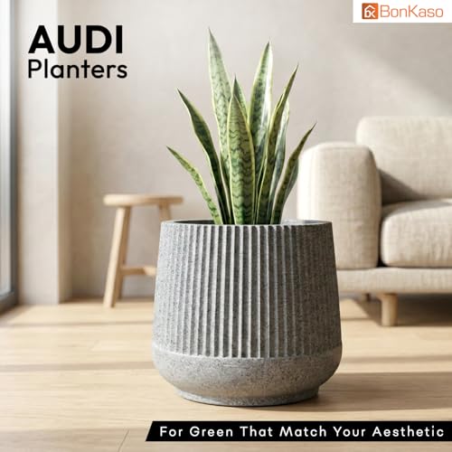 Image of BonKaso 12 Inch Audi Plant Pot for Indoor & Outdoor Use | Heavy Duty Durable Polymer Flower Pot Gamla | Lightweight Modern Planter for Living Room, Balcony, Terrace & Office Decor (Light Grey)