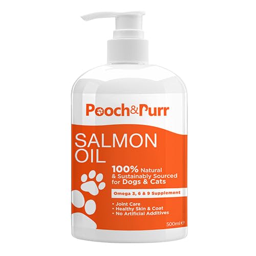 Pooch & Purr 500ml Salmon Oil for Dogs. Salmon Oil Cats, Puppy, Ferret & Pets. Pure Omega 3, 6, 9 Fish Oil for Dogs. Food Supplements for Itchy Skin, Coat, Joint Care. Dog Vitamins and Supplements