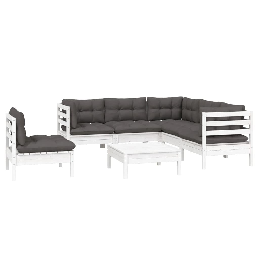 Juego de 6 muebles de jardín de madera de pino maciza con cojines blancos, para patio y jardín, resistente y estable, soporta hasta 110 kg por asiento
