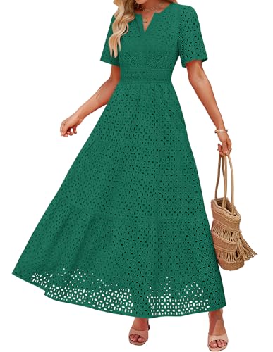 Image of ZESICA Women's 2026 Summer Short Sleeve Maxi Dress Casual V Neck Hollow Out Eyelet Ruffle Swing A Line Long Dresses