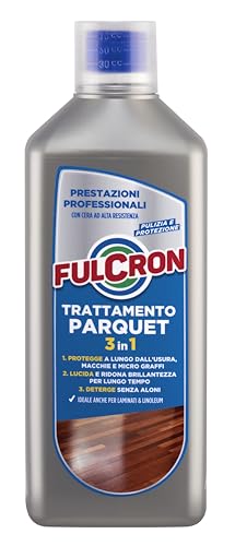 FULCRON Trattamento Parquet 3in1 - Protegge, Lucida e Deterge, Pulizia Pavimenti Anche Laminati e Linoleum, Protegge Pavimento, Dona Brillantezza, Deterge Senza Aloni, Profumo di Arancia e Miele, 1L