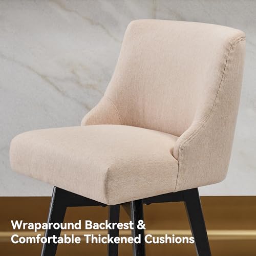 Image of Swivel Counter Height Bar Stools Set of 2, Modern Fabric Swivel Barstools with Contoured Back and Solid Wood Legs, Upholstered Counter Stool Bar Chairs for Kitchen Island, Home Bar, Beige