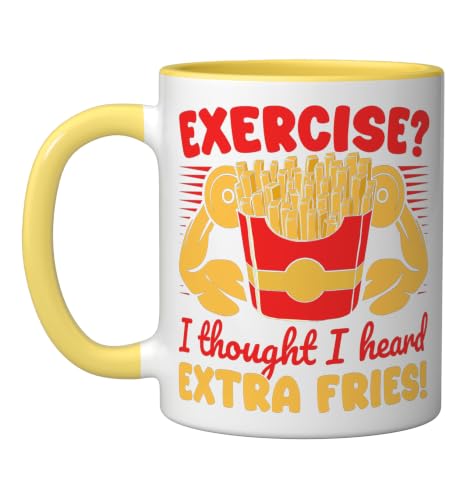 Fitness Fanatics Exercise Heard Extra Fries Calisthenics Gym Ceramic Mug, Yellow/White, 11oz