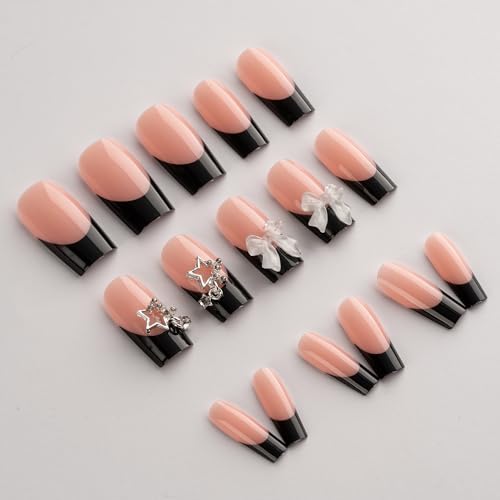 Image of Black Press on Nails French Tip Fake Nails Bow Glue on Nails with Star Design Medium Square False Nail Reusable Artificial Acrylic Glossy Full Cover Stick on Nail for Women Manicure 24Pcs