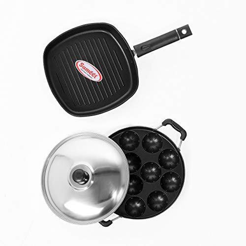 Image of Sumeet Nonstick Stainless Steel Amez Grill Pan - 22cm and Grill Appam Patra Combo Set (Silver) - 12 Pcs