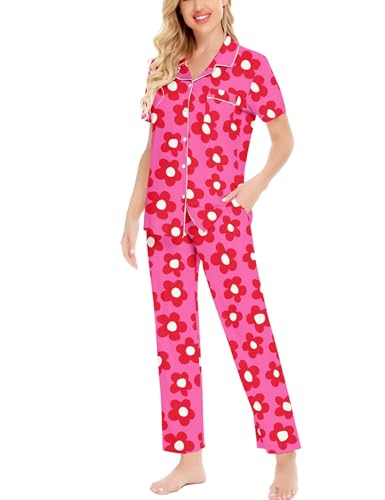Image of SWOMOG Women Pajama Sets Two-Piece Nightwear Short Sleeve Sleepwear Button Down Pj Lounge Sets with Long Pants