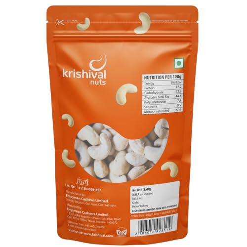 Image of Krishival Nuts Premium Cashews W320 | 100 Grams | 100% Natural Whole Cashews | Crunchy, Nutritious & Delicious, Gluten Free & High Protein