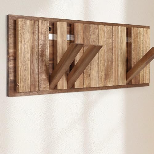 Barre de porte-manteaux en bois de style rustique avec 8 crochets : 42,5 cm crochets muraux pliants magnétiques peu encombrants pour couloir salle de bain –...