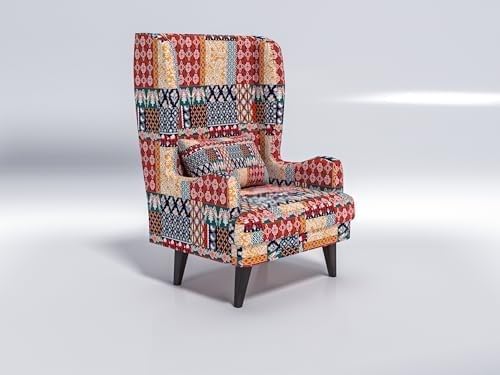 Image of Custom Decor Wooden Wing Chair Without Ottoman Stool | Wingback for Living Room | One Seater Sofa | High Density Foam | Accent Chair for Seating and Home Decor Furniture | (Marwadi, Without Ottoman)