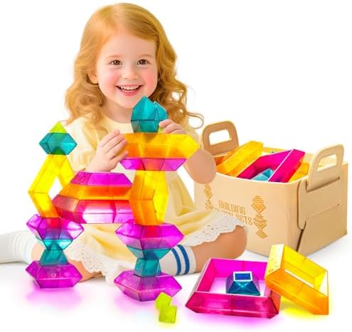 Translucent Building Block Set with Toy Storage Bag, 30 Pcs Light-Passing Stacking Toys for Kids Ages 3+, STEM Preschool Educational, Light Table Compatible, Gift for Toddlers & Children