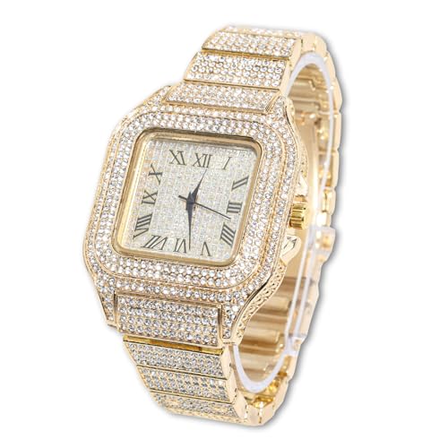 HALUKAKAH Esfera Cuadrada Diamante Reloj de Oro Iced out,Hombre Chapado en Oro Real de 18k Cuarzo Pulsera 24cm,con Caja de Regalo