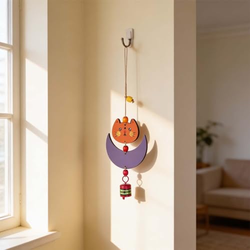 Image of Aakriti Art Creations Cute Kitty Wind Chime Multicolor | Handmade Wooden & Metal Windchimes for Home | Decorative Wind Chimes for Balcony, Garden, Living Room | Feng Shui Wind Chime Decor