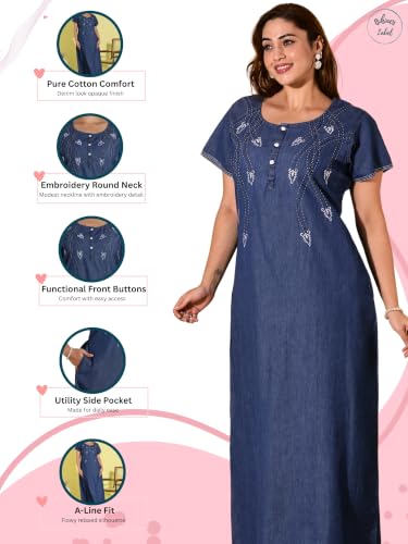 Image of 9shines Label Stylish Denim Cotton Nighty Maxi for Women | Full Length Trendy Nightgown | Premium Nightdress | Nightwear | Embroidery Nighty with Pocket (9SDS)