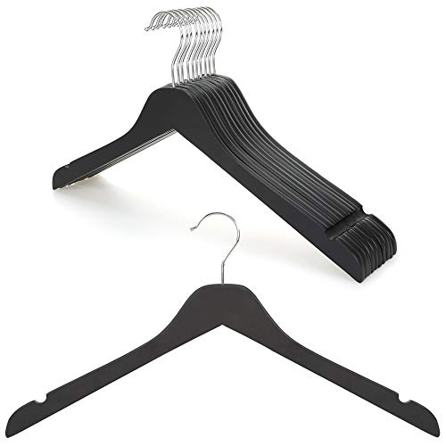 TOPIA HANGER Wooden Shirt Hanger , Beech Wood Clothes Hanger 0.28 inch Thick with Flat Design and Smooth Notches,Lightweight Space Saving Hanger for Shirts,Jacket,Camisole- Matte Black 10 Packs CT29B