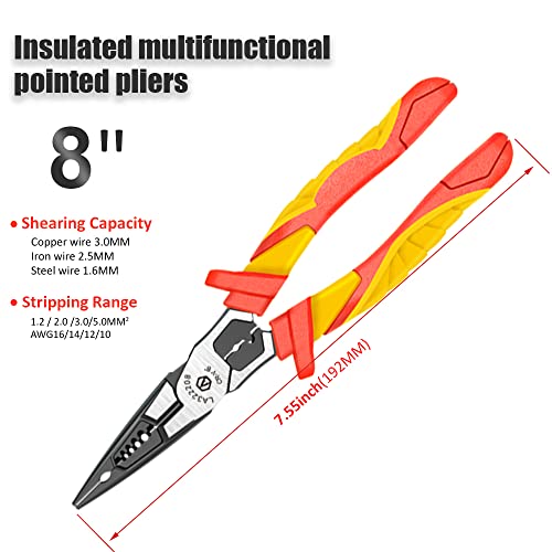 Long Nose Pliers,Laoa Long Needle-Nose 1000 Volt Vde Insulated Electrician's Pliers With Stripping,Cutting Wire,Screwing Nails, Cutting,Clamping #TOP1