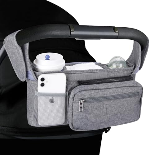 Image of Bebamour Stroller Organizer with Insulated Cup Holder Detachable Phone Bag & Shoulder Strap, Fits for ALL Baby Stroller (Grey)
