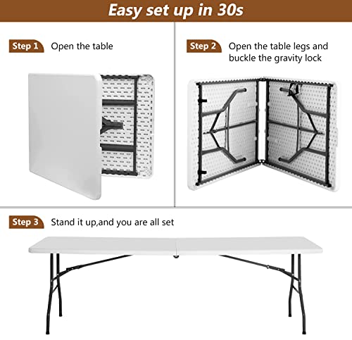 Image of FDW 8FT Folding Table Half Portable Foldable Table Picnic Table for Office Home Camping Party (White, 8 FT)