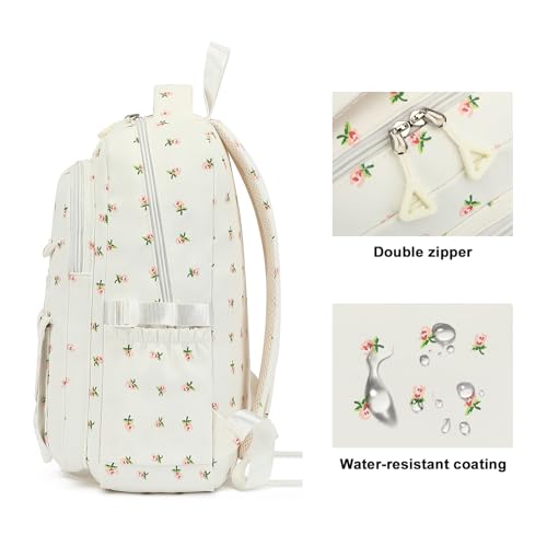 Image of Kids High Middle School Backpack for Girls 5-12 Kawaii Travel Flower Bookbag,Beige Flower