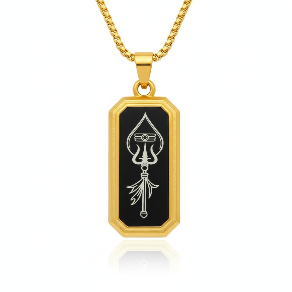 Trishul Black Metal Pendant Necklace with Box Chain for Men and Women Minimal Design-image-19