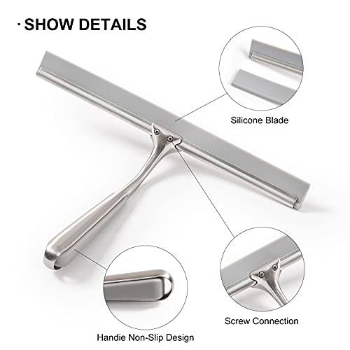 Shower Squeegee for Shower Doors 10 Inch Bathroom Squeegee for Windows,Kitchen,Mirror and Car Glass, Stainless Steel with Adhesive Hook