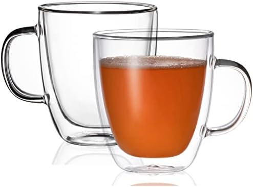 BothEarn Glass Coffee Mug Set of 2 - Double Wall Clear Espresso Cup with Large Handle, Great for Latte, Cappuccino and Juice, 19 Ounce (560 ml), BE026