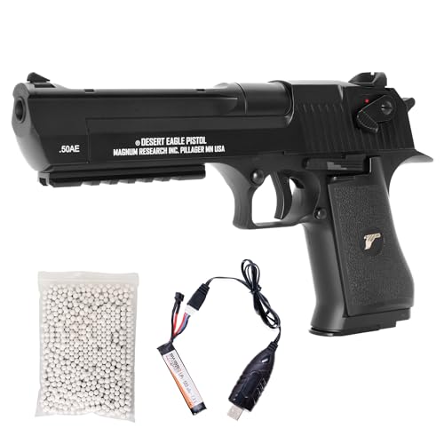 Pistola Elettrica Softair Desert Eagle potenza 0,8 Joule, Pistola a Pallini Calibro 6mm con Batteria, Caricabatterie, Caricatore 30 BB, 1000 Pallini. Airsoft, dimensioni cm 28x3,5x15 h