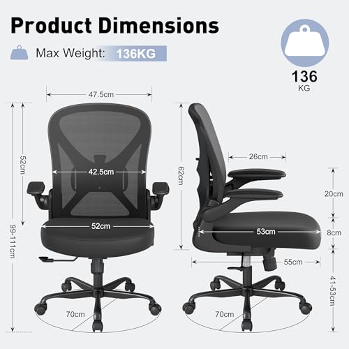 Ergonomic Office Chair with Adjustable Lumbar Support, Mesh Home Office Desk Chair with Flip-up Arms and Wheels, Black image 8