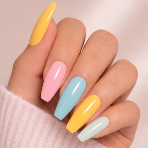 Image of Reusable Artificial Nails with Glue and Kit (Multicolor Pop - Long Alond)