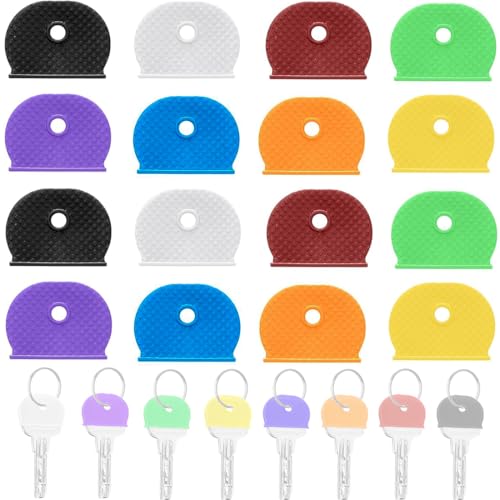 KOLZEMV 16 Piezas Juego de Tapas para Llaves Flexibles en 8 Colores Surtidos Etiquetas de Codificación identificador de llaves para Llaves de Casa Planas Estándar, 2 Estilos