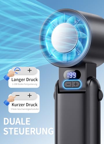 Deyhoc Handventilator Akku aufladbar mit LED-Display & Clip, 1-199 Stufen, 3-in-1 Ventilator für Hand, Nacken & Tisch, Leistungsstarke Mini Hand Ventilatoren für Reisen Camping Büro Zuhause, Schwarz 5
