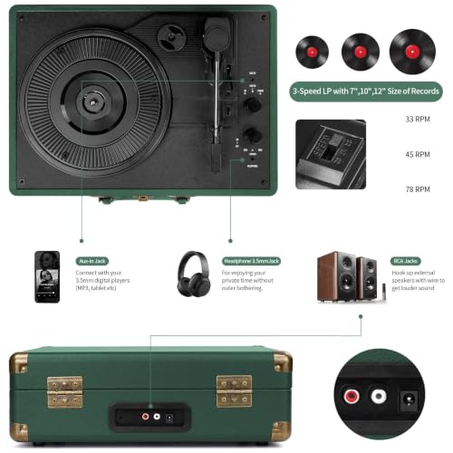 Image of Vinyl Record Player Bluetooth Turntable 3-Speed Suitcase Portable Vintage Belt-Driven Record Player with Speakers RCA Line Out AUX in Headphone Jack