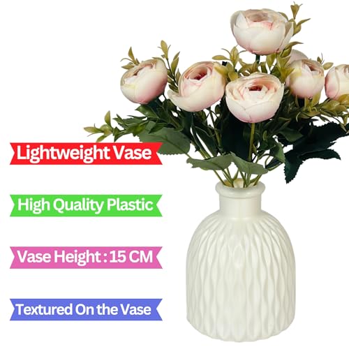 Image of Dekorly Faux Silk,Plastic Artificial Peony Flowers Bunch|White Vase with Flowers Bunch|Artificial Plants for Home Office Hotel Decor|Bedroom Living Room Bathroom Decor (Light Pink,Height : 30CM)