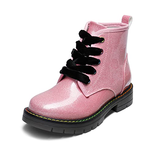 DREAM PAIRS Girls Boys Glitter Ankle Boots Side Zipper Combat Shoes with Lace Up for Toddler/Little Kid/Big Kid 9 Toddler Pink/Pu