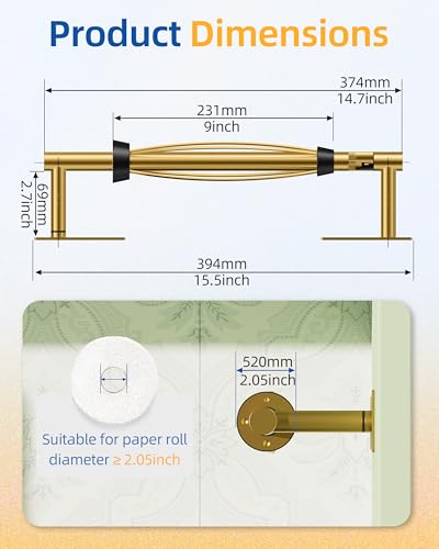 Image of RUACQ Paper Towel Holder Under Cabinet, One Hand Tearing Paper Towel Holder with Damping Effect, Wall Mount & Adhesive Stainless Steel Paper Roll Holder for Kitchen Bathroom (Brushed Gold)