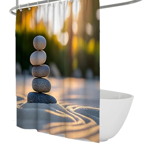 Cortina de Ducha de Piedras apiladas con Ondas de Arena y luz Dorada de la bañera Resplandor de la bañera Decoración nórdica del baño Poliéster Impermeable 120 x 200 cm