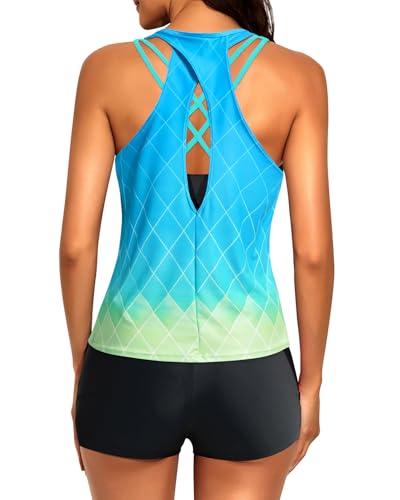 Image of 3 Piece Tankini Long Sleeve Swimsuits Athletic Rash Guard Bathing Suits | Modest,Full Coverage,High Waisted Short,Quick Dry,Criss Cross Back