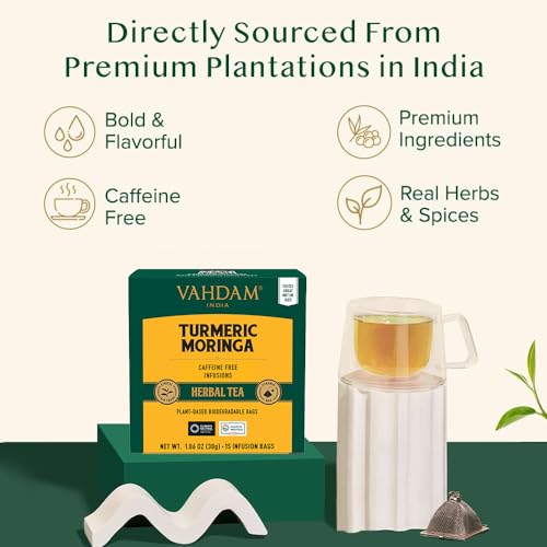 Image of VAHDAM, Turmeric Moringa Tea Bags (15 Herbal Tea Bags) Caffeine Free, Non GMO, Gluten Free | 100% Pure Herbal Blend - Sweet & Earthy | Resealable Ziplock Pouch | Individually Wrapped
