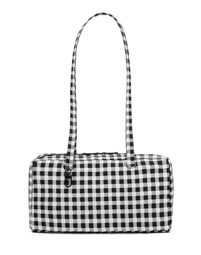 Lightweight Nylon Bowler Bag for Women Casual East-West Shoulder Handbag Featuring Charm Loop Everyday Tote Bag (Black White Plaid - Bowler Bag)