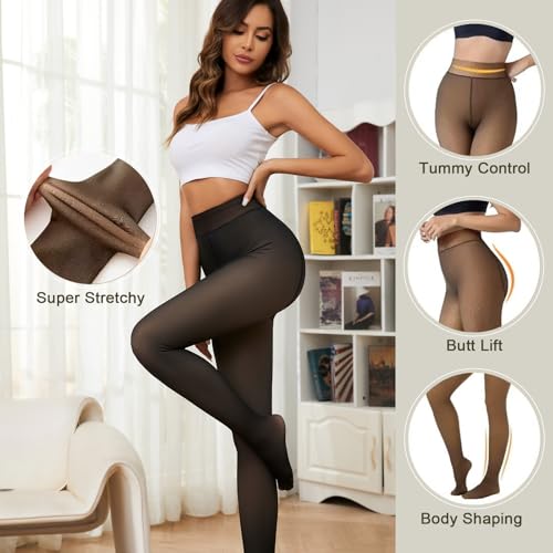 Image of FF Fleece Lined Tights Women Leggings Thermal Pantyhose Fake Translucent Opaque High Waisted Winter Warm Sheer Tight (Waist Size: 26 to 34Inch Stretchable) - Free Size