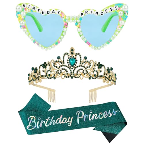 VELSCRUN Green Birthday Princess Glasses, Birthday Princess Sash Tiara Crown for Women Girls, 3 Pcs Elegant Tiaras Crowns Hair Accessories Happy Birth Party Decorations Girls Gifts