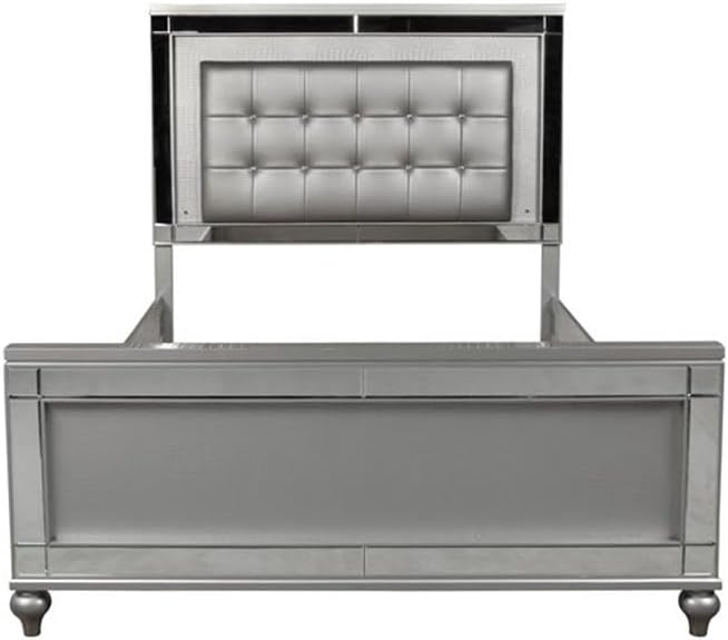 Pemberly Row 4-Piece Queen Bedroom Set, Solid Wood, Silver Finish, Includes Bed, Dresser, Mirror, Nightstand, Embossed Inlay, Lighted Headboard and Mirror, Durable MDF Drawers for Elegant Bedroom