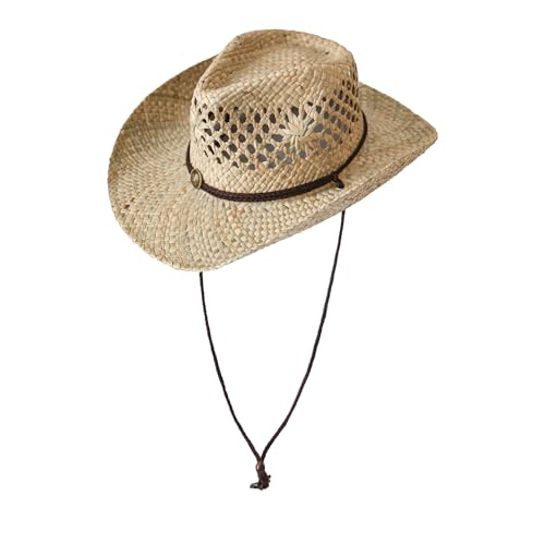 Sombrero de Cowboy de Paja Vaquero Panamá con Banda Occidental Unisex Talla Única Hombre Mujer para Verano Coachella Playa al Estilo Country Brasileño Bohemia Indiana Rafia Natural (XH-63)