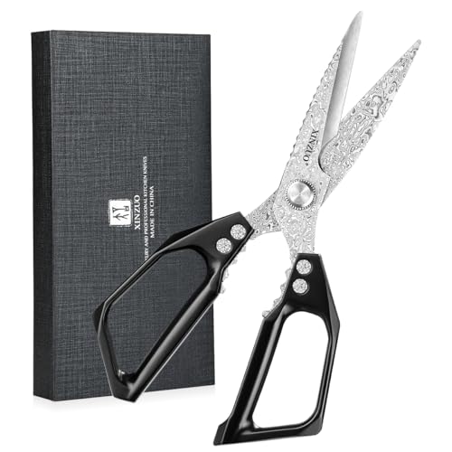 XINZUO Acero de Damasco Tijeras de Cocina, 23.3cm Tijeras Multiusos 110 Capas de Acero de Damasco Tijeras Cocina Profesionales para Carne Pescado Pizza Nueces -Mango de Aleación de Aluminio Negro