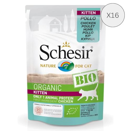 Schesir BIO, Vollwertige Nassnahrung für Kätzchen, Hähnchenpaté, Ohne Getreide, In Beuteln, Glutenfrei, 16 x 85 g