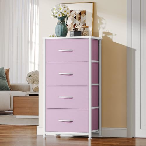 DWVO Storage Drawer with 4 Drawers - Fabric Dressers, Dresser for Living Room, Closets - Sturdy Steel Frame, Wooden Top & Easy Pull Fabric Bins, Cool Pink