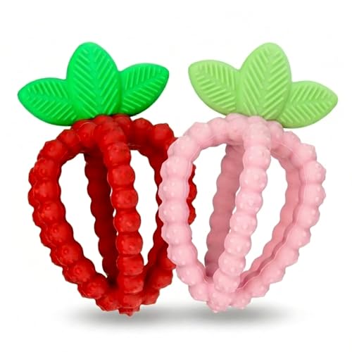 Image of RaZbaby Silicone Infant & Baby Teething Toy, Textured BerryBumps Soothe Babies Sore Gums, RaZberry Bites Relief Teether, Back & Front Teeth, BPA Free, Fruit Shape for Babies 3M+ (Red & Pink)