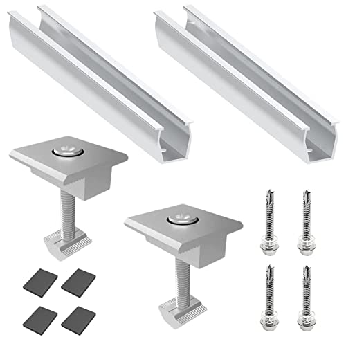 Kit de Support Panneau Solaire, Fixation Panneau Solaire en Aluminium, 2 x 200 mm Rail de Fixation + 2 x 47 mm Borne Centrale, Support Photovoltaïque pour Balcon, Plante Électrique, Toits Cover