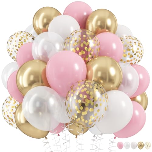 Image of Pink Gold Balloons Set, 60Pcs 12 Inch Pastal Baby Pink Metallic Gold White Balloon with Gold Confetti Latex Balloons for Girls Women Birthday Wedding Baby Bridal Shower Party Decorations Supplies