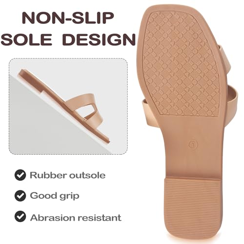 Image of Sandals for Women Dressy Comfortable Flat Open Toe Casual Wide Width Cute Trendy Shoes Soft Leather Slip On Ladies Slides for Summer 2026 Nude Size 9