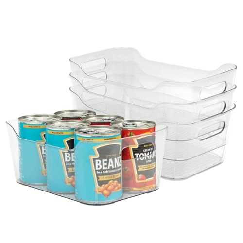 Amtido Clear Plastic Organiser Storage Medium, 4 Pack (24.5 x 10.5 x 17.2 cm) – Durable BPA-Free PET Fridge Organisers with Handles - Nestable Tray Storage for Kitchen, Fridge, Pantry, Bathroom